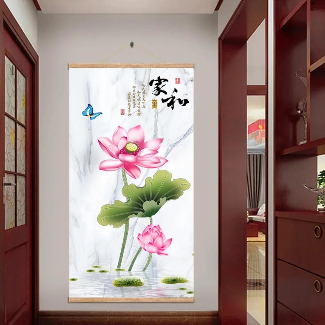 新中式荷花家和富贵九鱼图玄关走廊客厅书房实木卷轴挂画客厅挂画