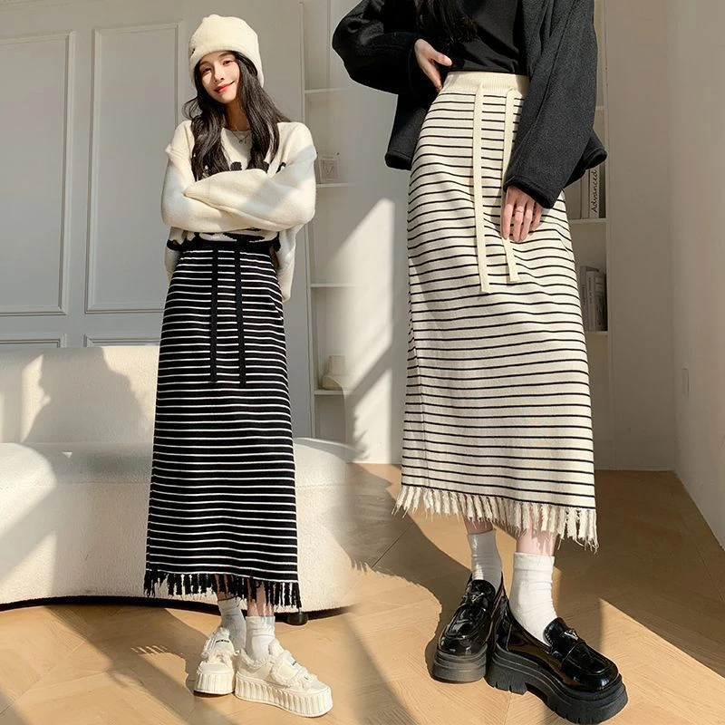 包臀针织半身裙女秋冬款中长款小个子松紧腰半裙高腰条纹长款裙子
