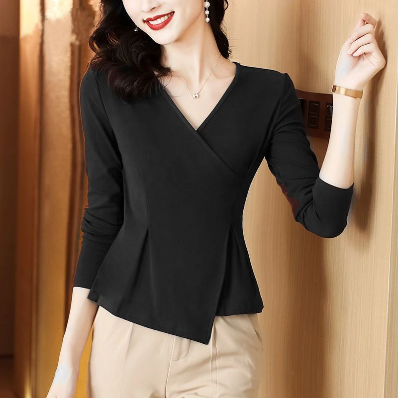 遮肉超显瘦v领不对称长袖中袖T恤法式2023新款春夏秋打底衫上衣女