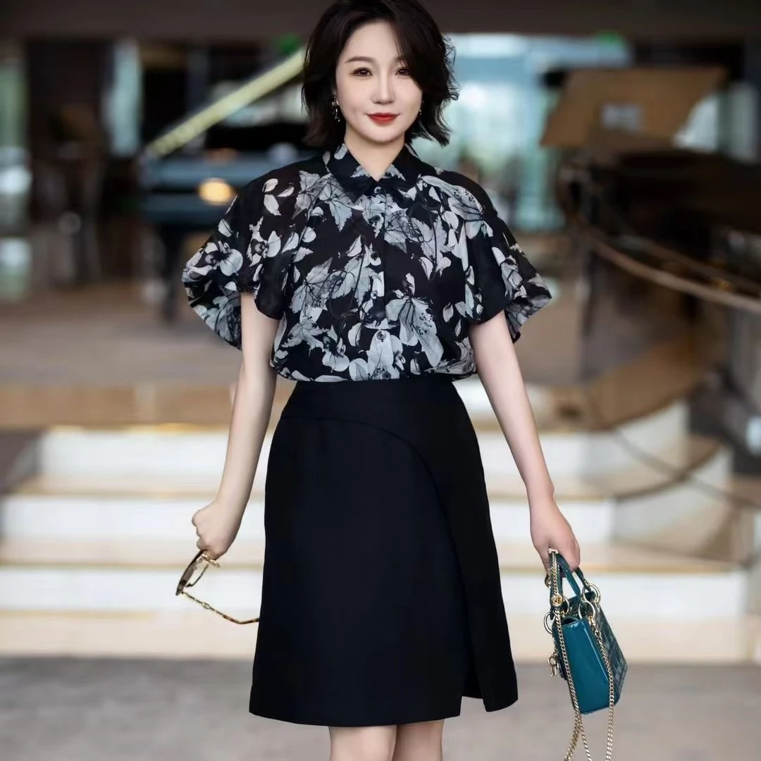 MISS CHENG复古印花泡泡袖上衣女款夏季衬衫套装宽松HK2036Q/T