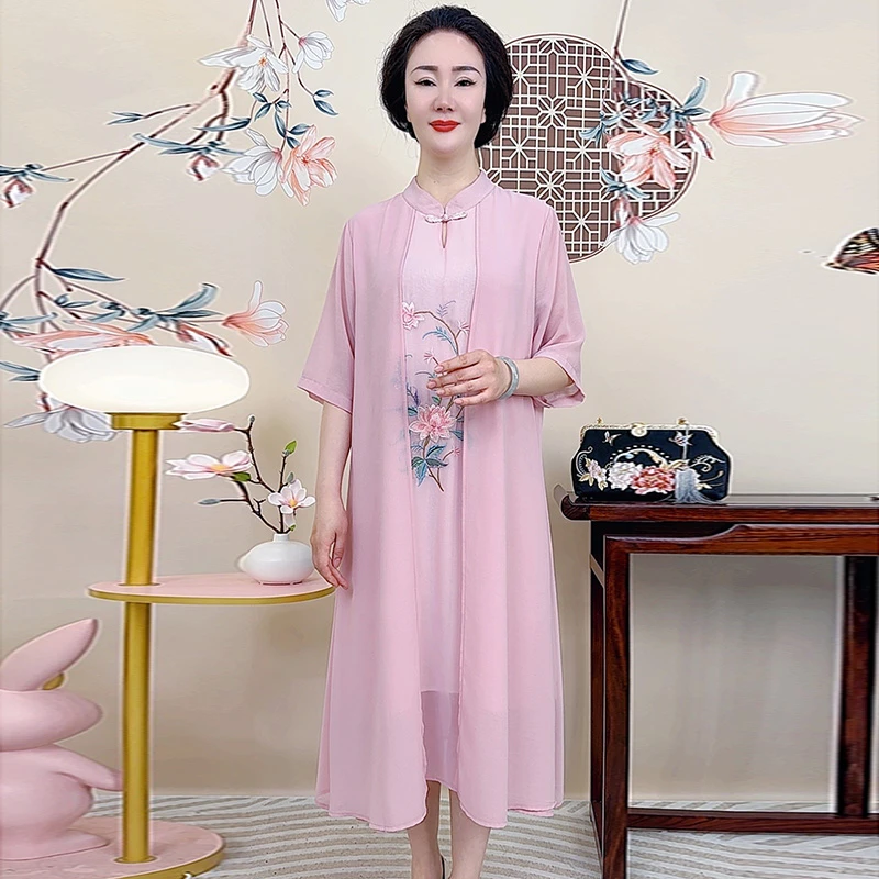 2025新款时尚洋气中老年女装妈妈连衣裙中长款夏季中国风宽松裙子