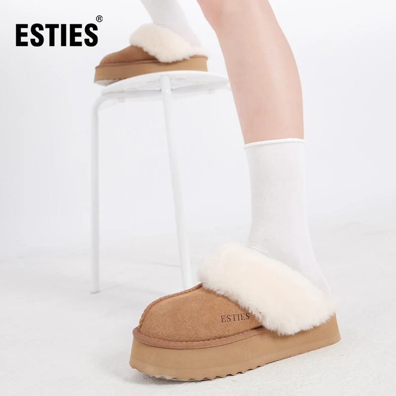 ESTIES/艾思缇斯女鞋秋冬新款厚底拖鞋新款牛皮毛毛拖鞋毛绒低帮