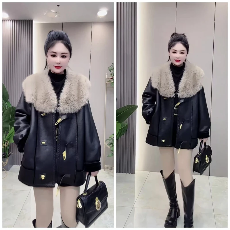 胖mm大码皮毛一体2024冬季新款时尚气质显瘦水洗皮拼接加绒外套女