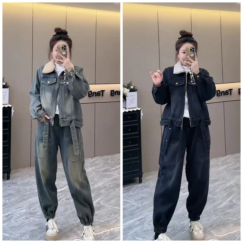 胖mm大码2024秋冬季新款休闲显瘦加绒羊羔毛牛仔外套裤子两件套装