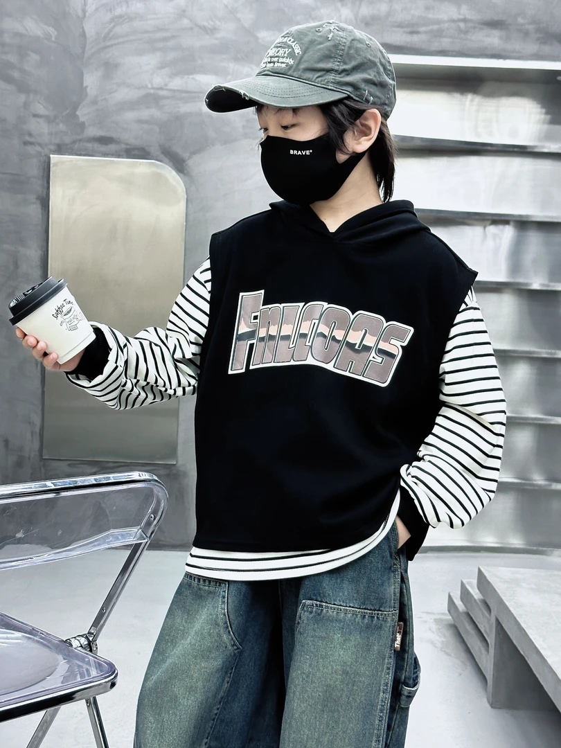 男童秋款马甲卫衣两件套中大童儿童连帽条纹打底套装休闲洋气潮酷