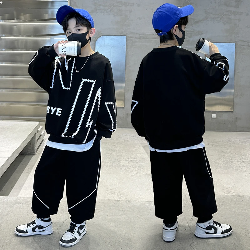 ANKID1（秋款套装）中大童2024新款时尚印花假两件卫衣宽松洋气童装