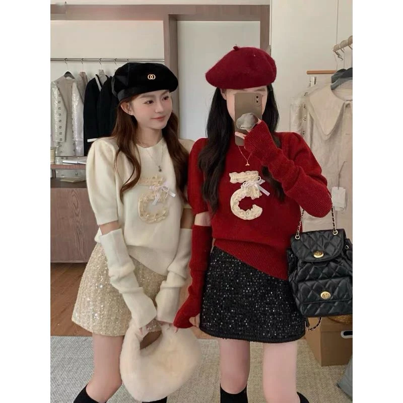 纯欲短款分袖套泡泡袖毛衣秋冬设计感小个子针织上衣女