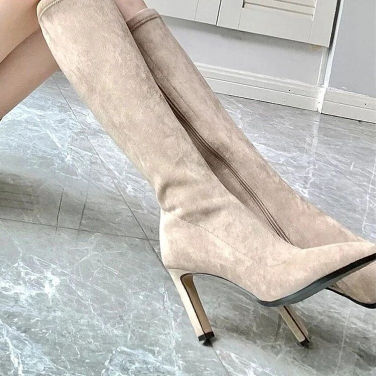 显瘦绒面长靴高跟弹力瘦瘦靴高筒过膝尖头粗跟长筒靴女2025年冬季