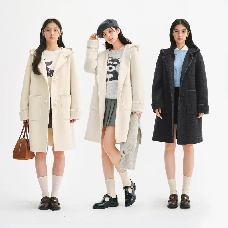 诗凡黎连帽牛角扣韩系毛呢外套100%绵羊毛质感大衣SF8370291