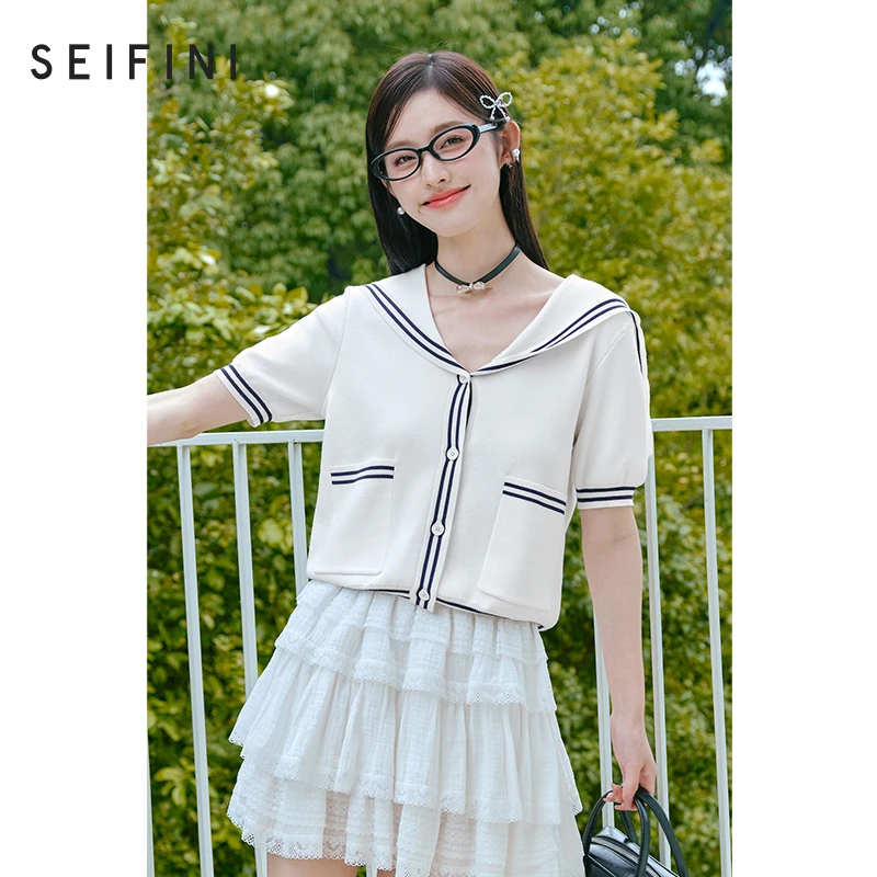 诗凡黎海军领针织开衫女夏季蓝色翻领小衫短袖上衣7F5430021