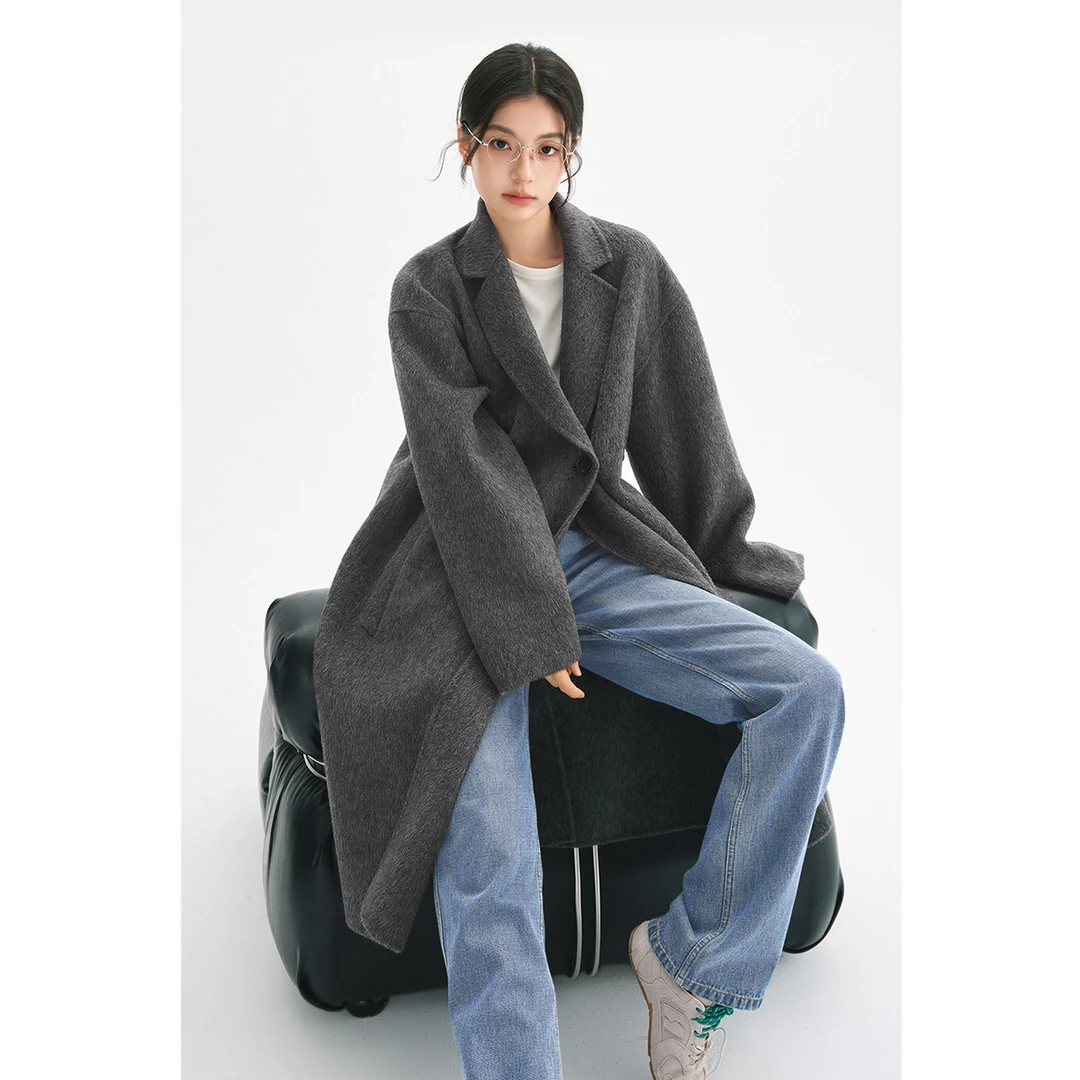 【王正正同款】诗凡黎羊驼毛绑带翻领毛呢外套韩版百搭气质呢子大衣