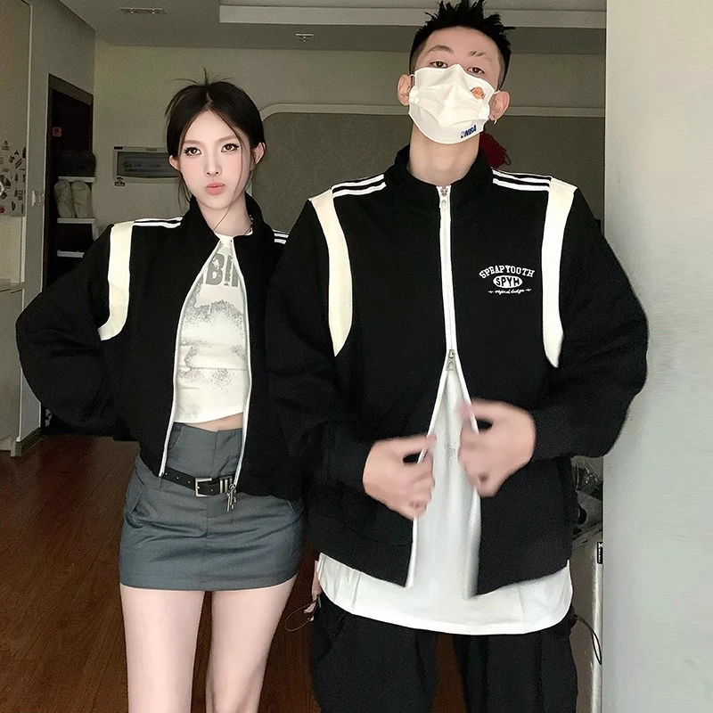 潮牌秋季复古夹克春秋款男女学院风棒球服情侣装宽松一长一短外套