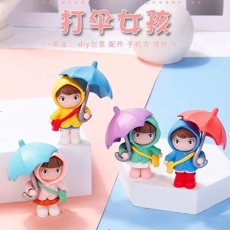 打伞情侣微景观园艺造景配件可爱打伞雨衣挎包男孩女孩桌面摆件
