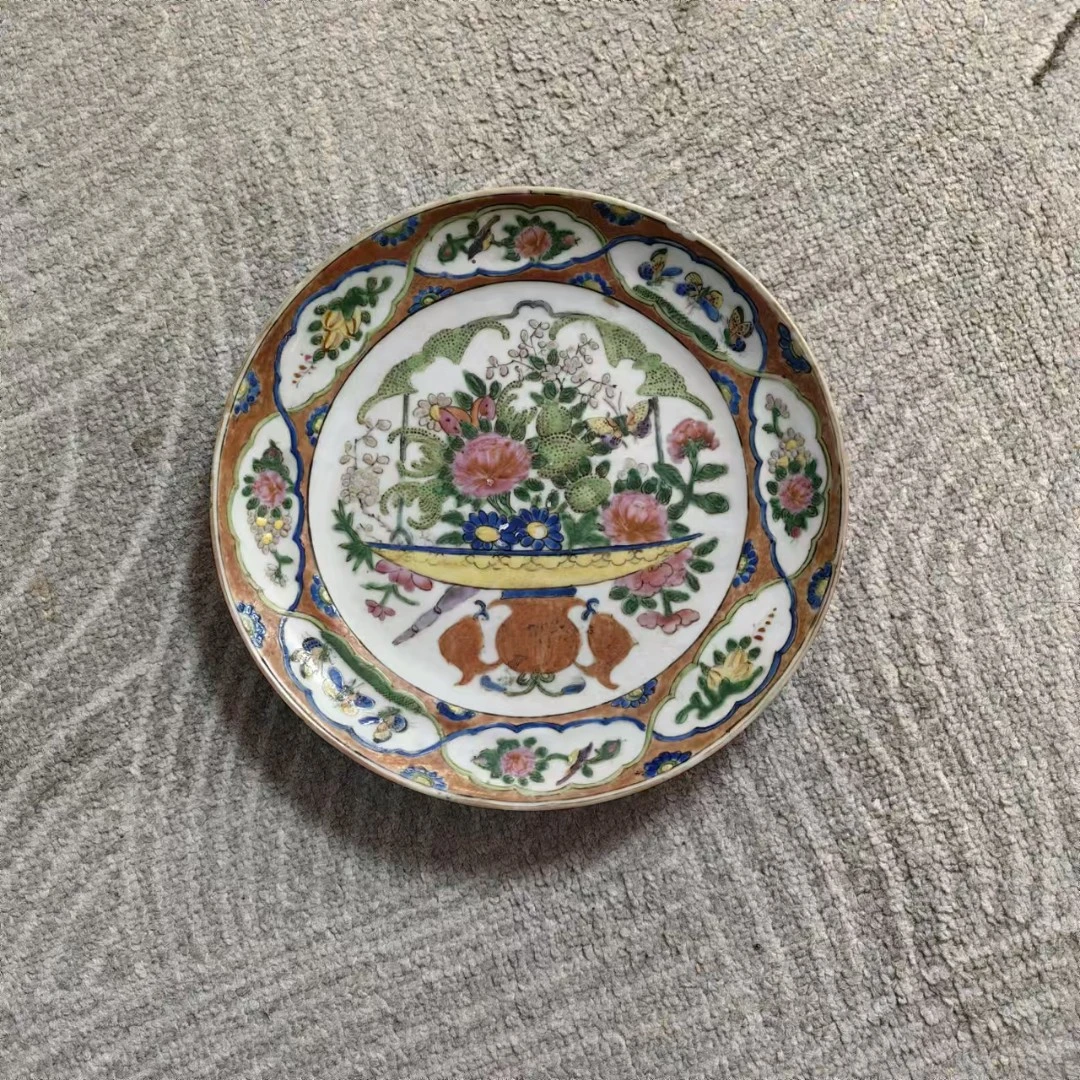 D349晚清广彩提篮花卉盘