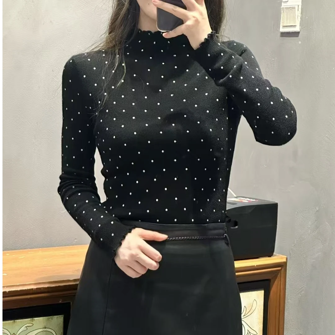 双色秋冬长袖时尚百搭修身显瘦半高领洋气带钻女士羊毛打底衫