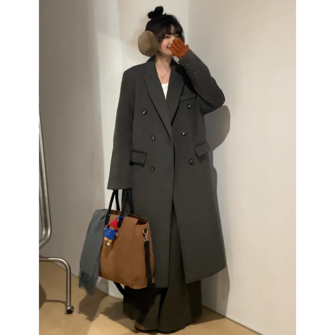 觅定灰色夹棉呢子大衣女女冬及正肩毛呢外套高级感长款上衣DS9078