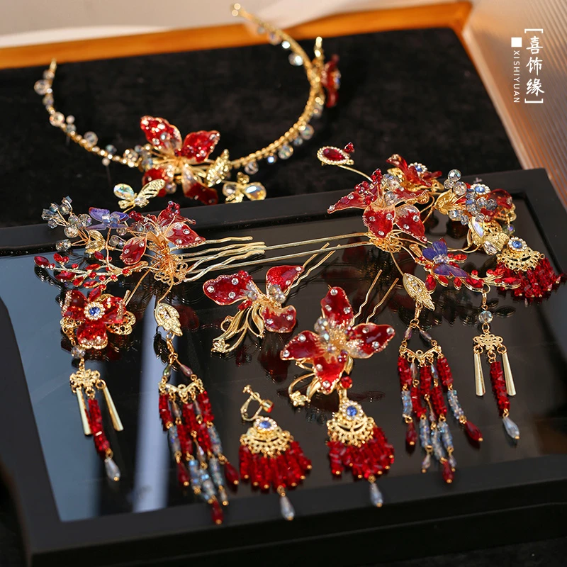 中式新娘秀禾头饰红蓝撞色复古高级发簪古典龙凤褂发饰HZ966