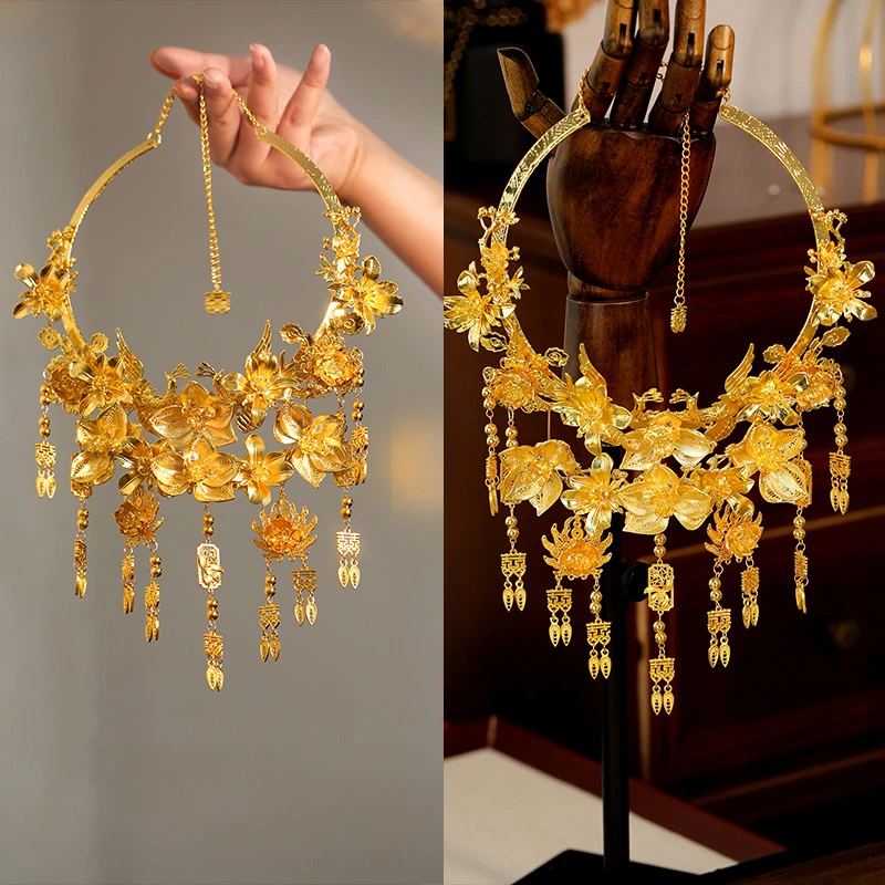 中式龙凤褂新娘颈圈金色重工花朵精致秀禾项链晨袍配饰20241126