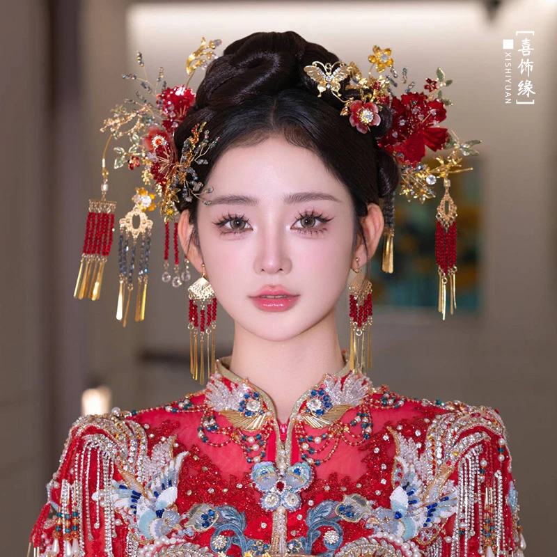 新中式秀禾头饰红色复古重工水晶发簪新娘汉服龙凤褂发饰20240926