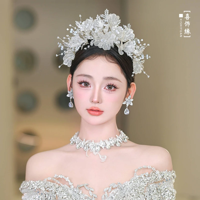 森系减龄皇冠高级仙美花朵水晶公主王冠新娘婚纱甜美头饰HG30173