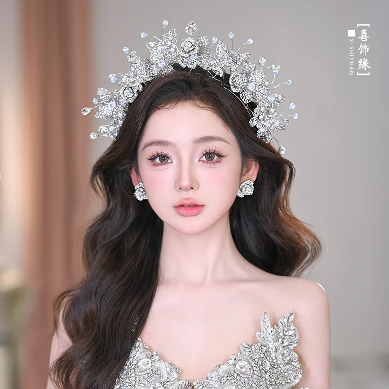 高端重工双层皇冠轻奢大气蝴蝶锆石王冠婚纱礼服减龄头饰20241047
