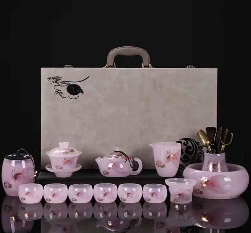 樱花粉芙蓉玉瓷芙蓉玉瓷高端茶具套装家用办公大套礼盒装