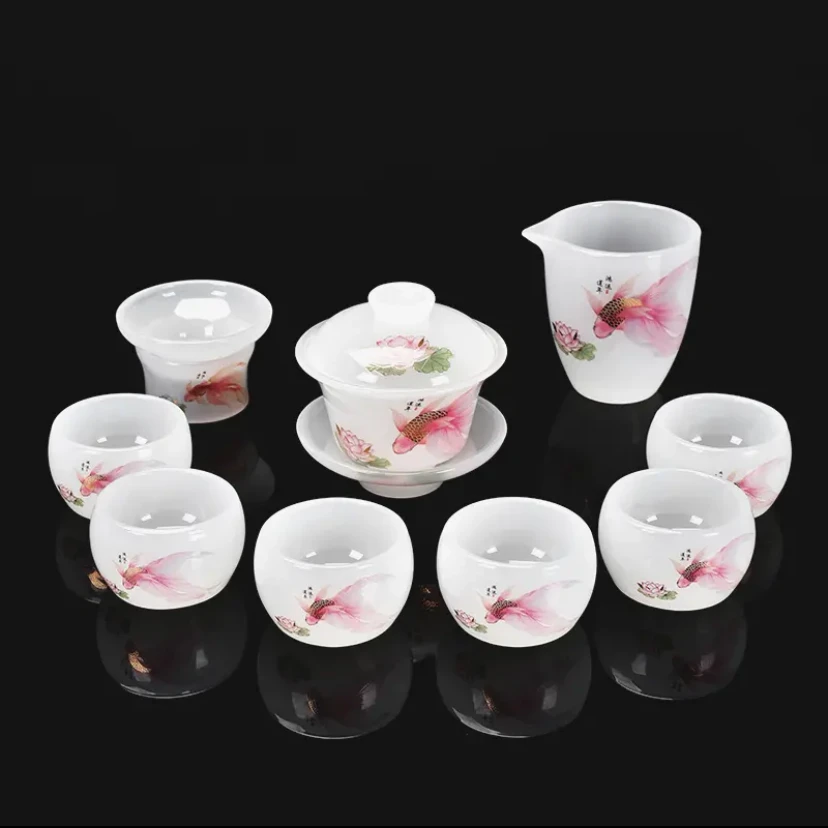 鸿运莲年富贵金龙鱼白玉琉璃茶具套装10头办公家用功夫盖碗茶杯组