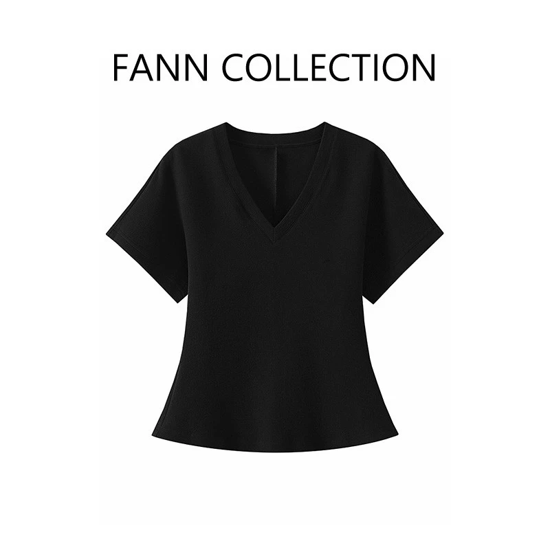 饭饭FANN COLLECTION 夏季新款 V领简约设计感短袖上衣FANNA010