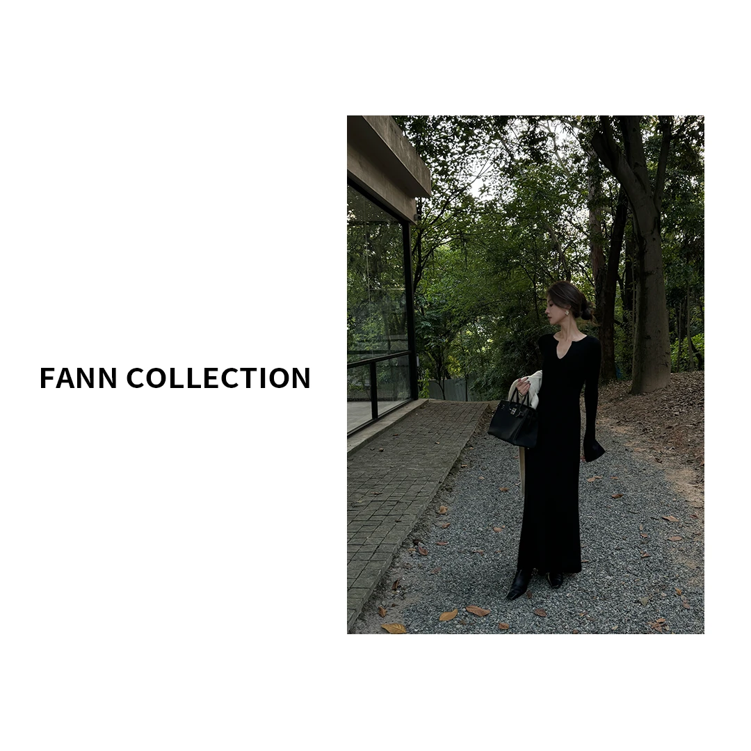 饭饭FANN COLLECTION 寻梦 V领分割线长款收腰针织连衣裙FANNC060