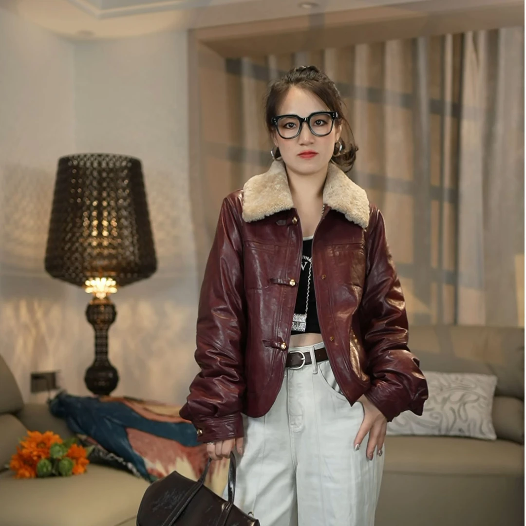 2024“鎏金时光”中式网红时尚高端休闲羊毛领绵羊皮鹅绒服女外套