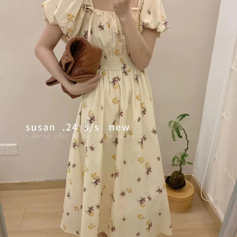 女连衣裙方领连衣裙夏季复古初恋法式长款收腰气质甜美甜美温柔风