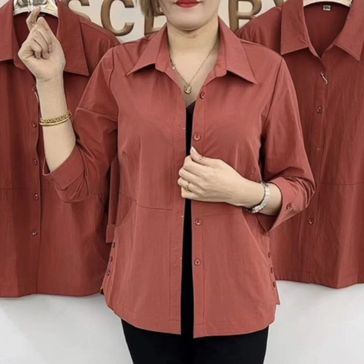 新款洋气夏季女装七分袖开衫衬衣中老年人翻领妈妈薄款外套上衣女