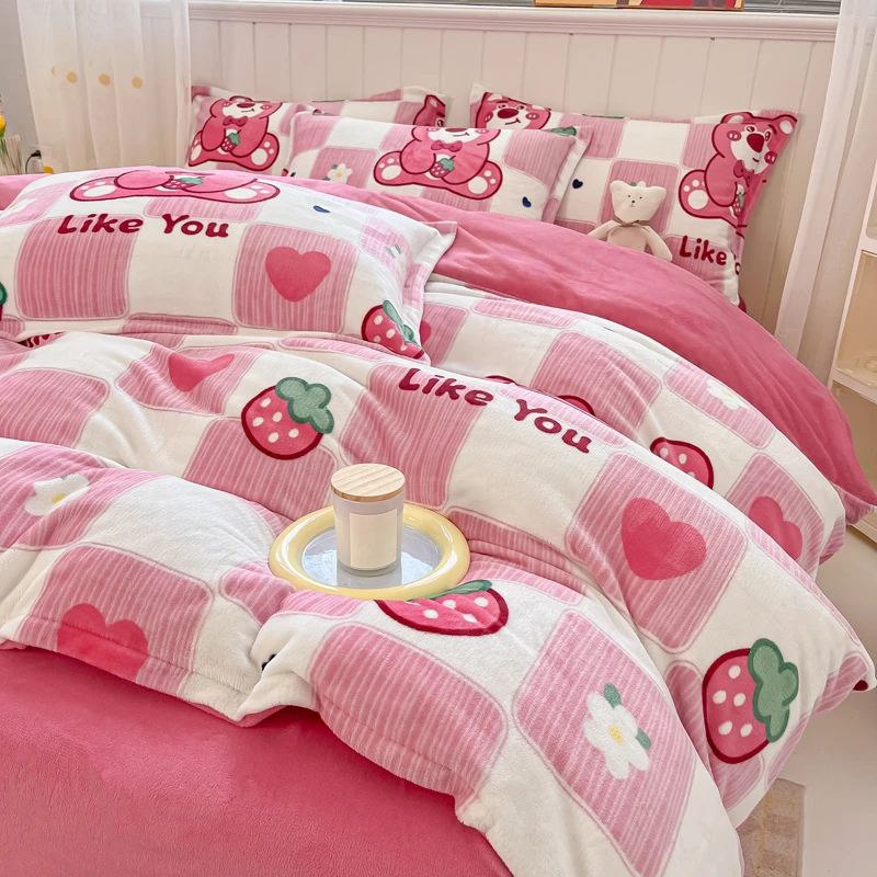 迪士尼加厚牛奶绒床上四件套冬季双面珊瑚绒被套法兰绒三件套床笠