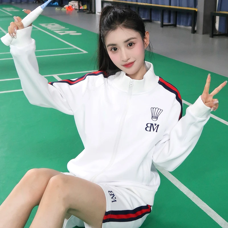 BM时创魔羽红蓝织带撞色外套运动羽毛球服男女休闲服套装时尚秋冬