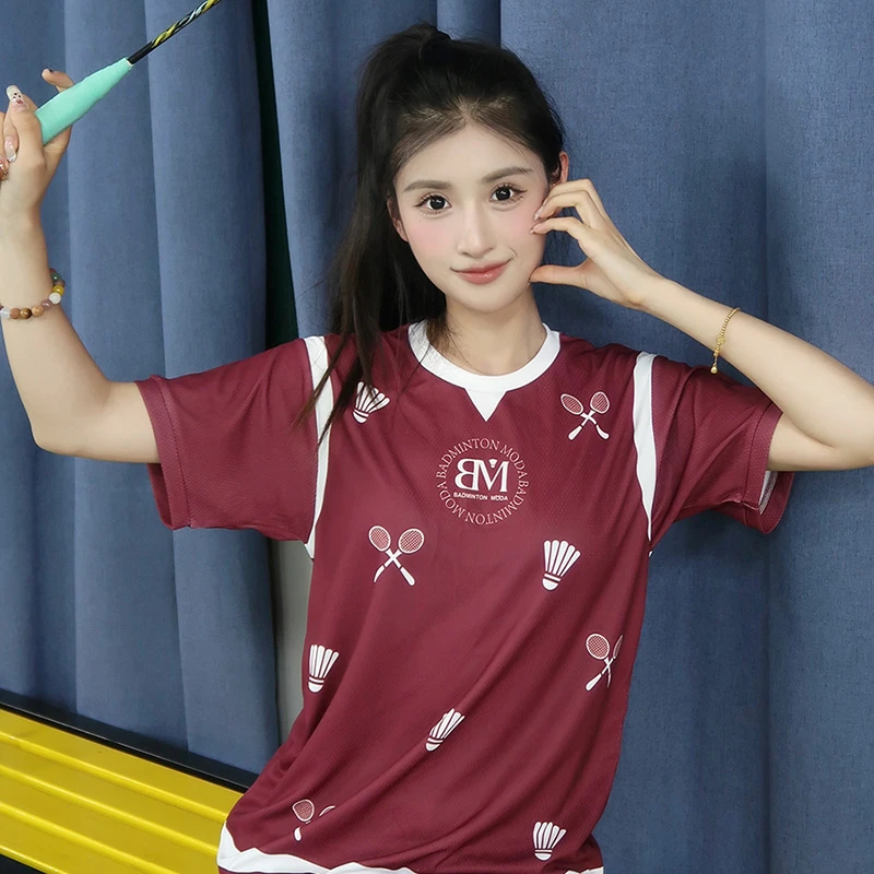 BM时创魔羽休闲运动酒红羽球图案假两件羽球服中性速干透气T恤