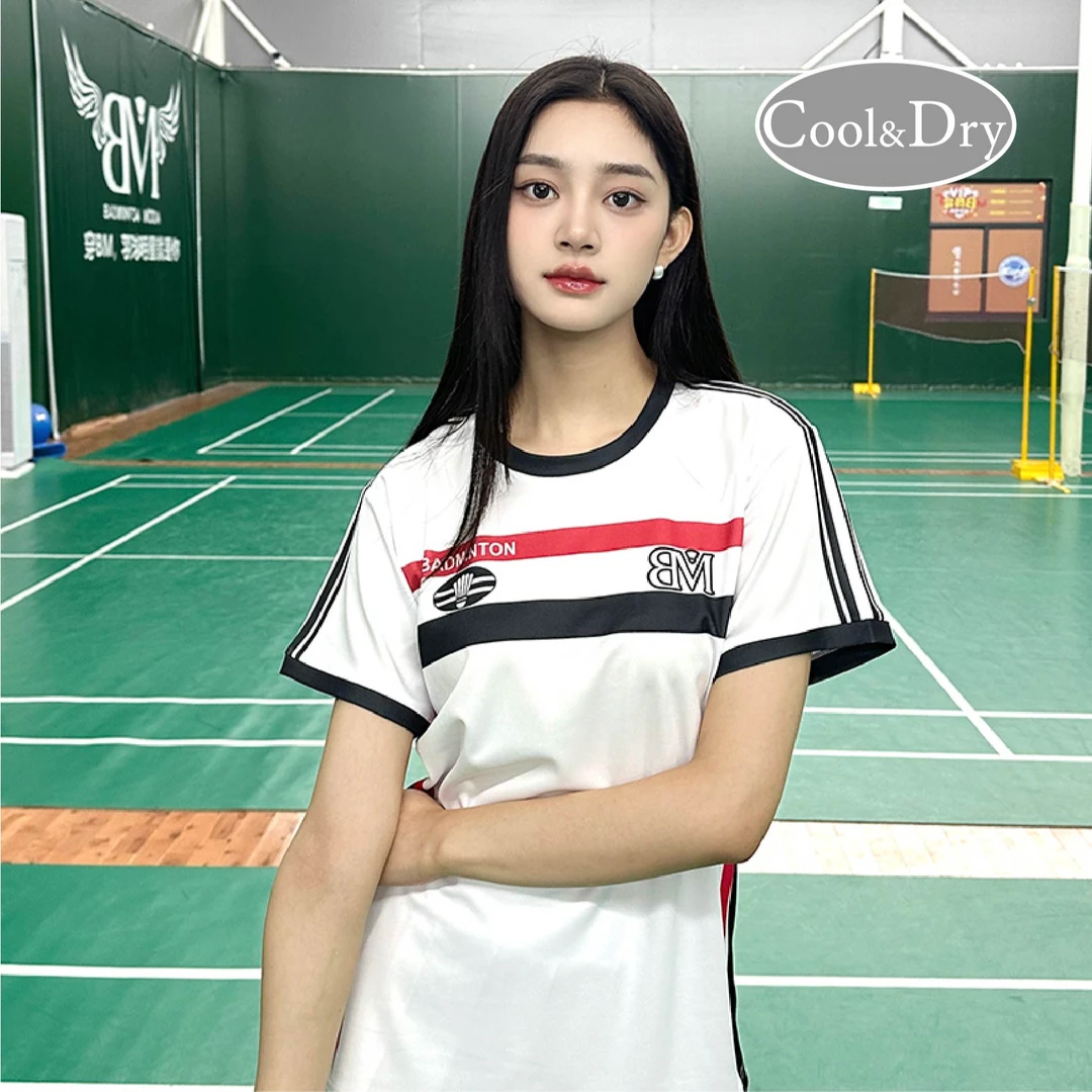 BM时创魔羽2024新款运动羽球服红黑条纹速干吸湿透气中性T恤男女