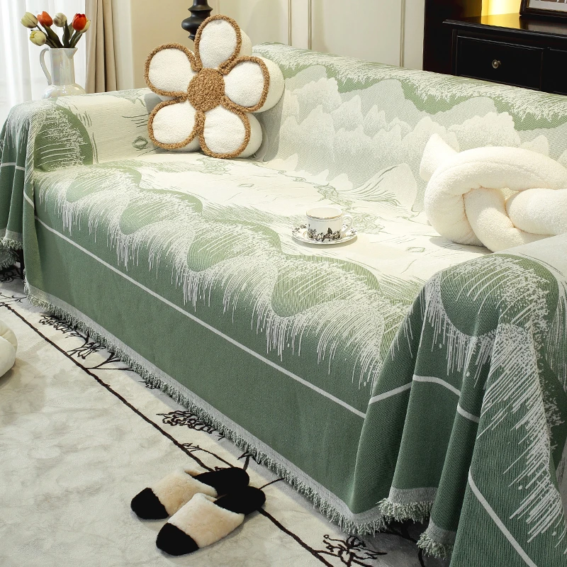 绿色轻奢高级感沙发盖布巾一体式全包万能防尘2024新款四季通用毯