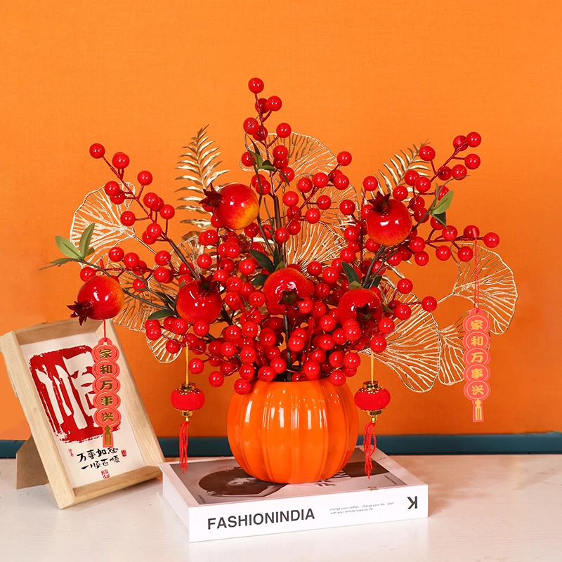轻奢新中式摆件发发果发财果浆果红果石榴假花仿真花餐厅客厅摆设
