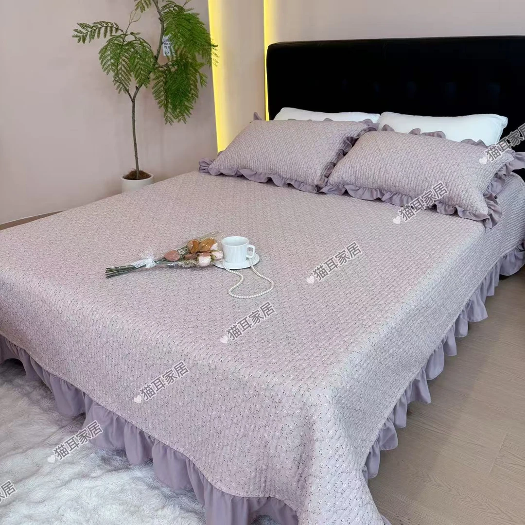 【慕烟-粉】230*240cm三件套亲肤多功能可爱针织棉布加厚双面绗缝