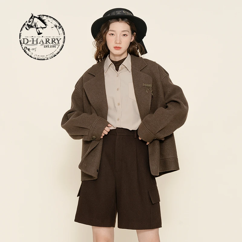【双12】迪哈利复古棕色短外套女宽松百搭西服DH224A95625D时尚