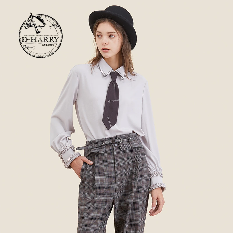 D-HARRY/迪哈利纯色复古气质花边折袖领带衬衫DH213R92995D衬衣