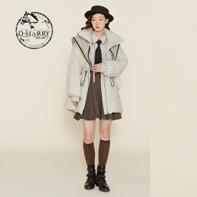 D-HARRY/迪哈利冬季荷叶边高领拉链外套女中长款大衣DH224G95757D