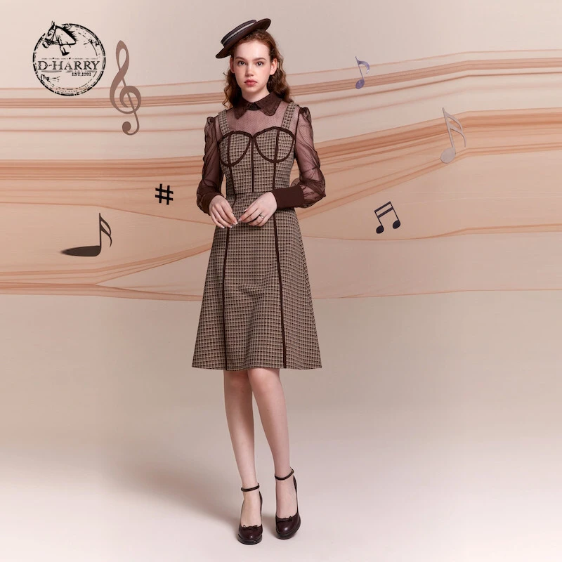 D-HARRY/迪哈利格子连衣裙网纱复古中长裙DH221J93832D