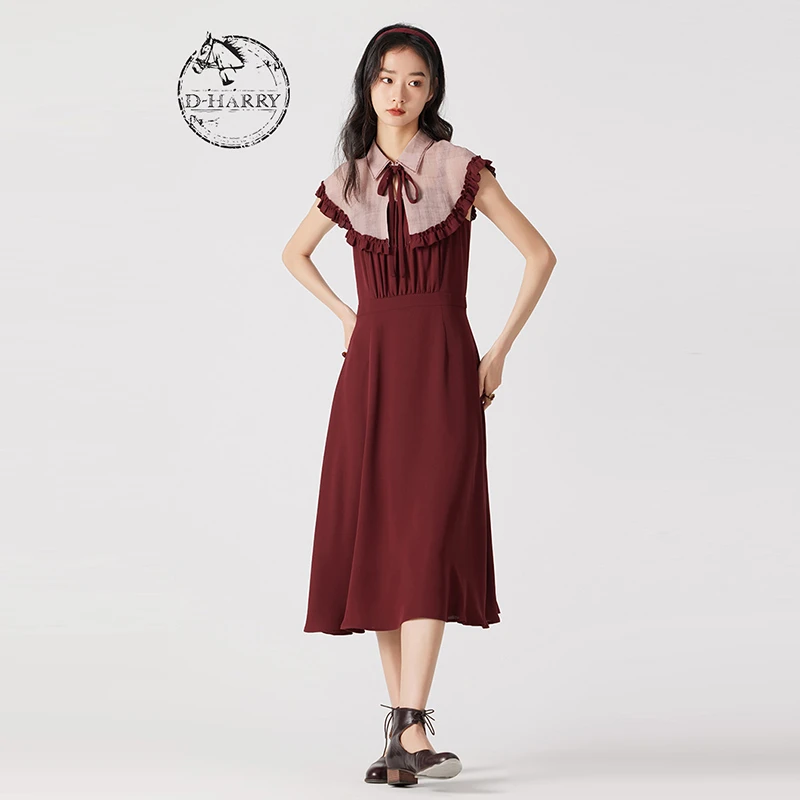 D-HARRY/迪哈利夏新款深红色可拆卸斗篷连衣裙DH242J97170D