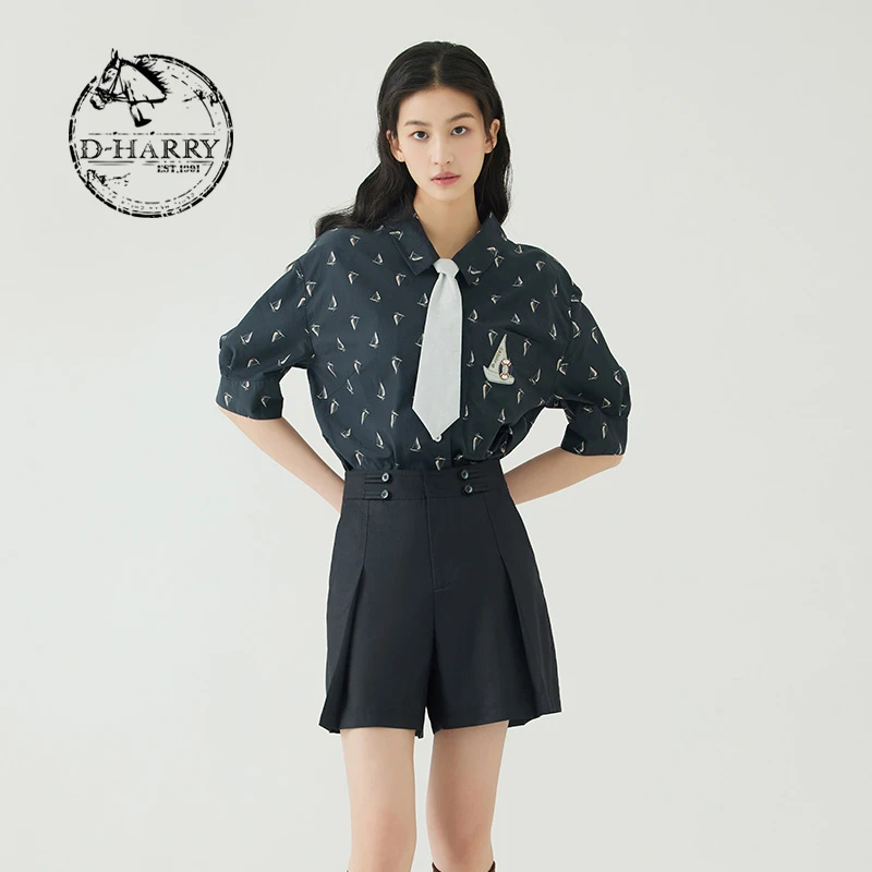 D-HARRY/迪哈利气质夏新款藏青色五分袖帆船印花衬衫DH232D96079D