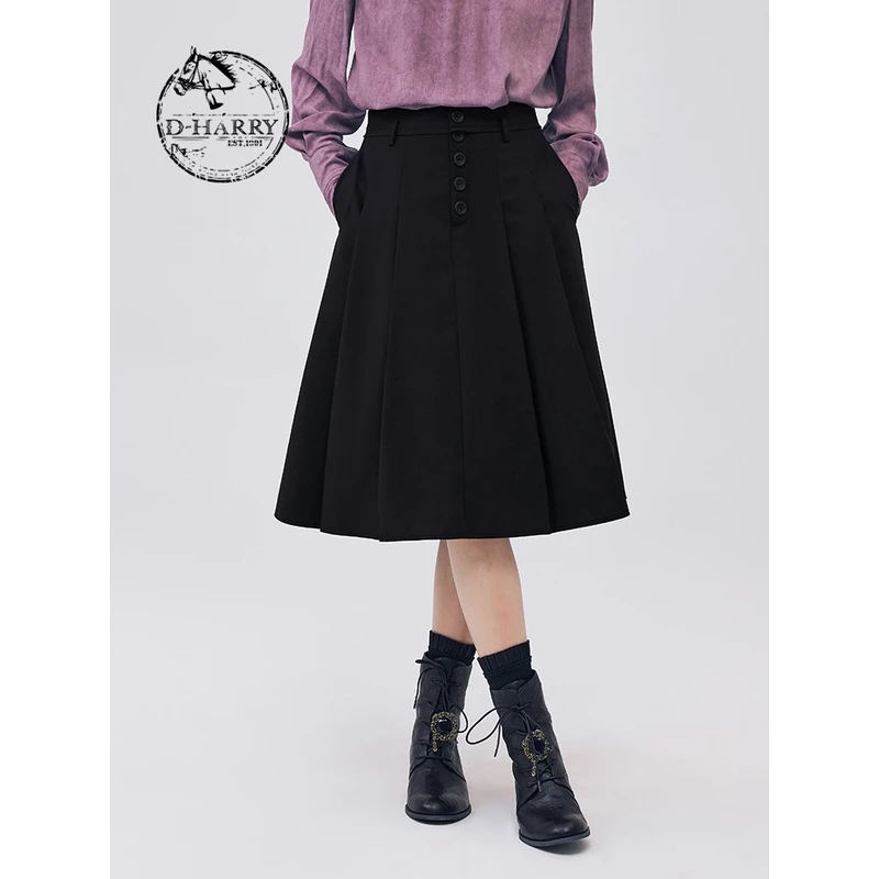 D-HARRY/迪哈利秋季新款复古文艺通勤藏青色半裙DH233M96363D