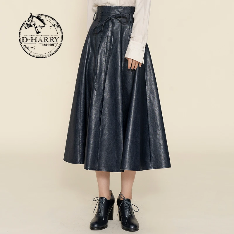 D-HARRY/迪哈利藏青色皮质长裙女遮肉显瘦气质半身裙DH224P95565D