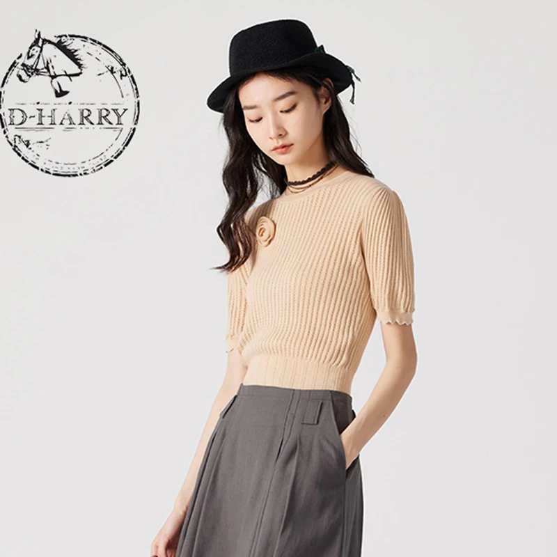 D-HARRY/迪哈利夏短款圆领玫瑰花气质冰丝针织衫DH242C97285D