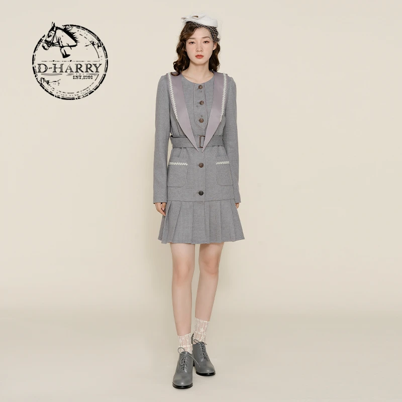 D-HARRY/迪哈利复古长尖领收腰百褶连衣裙DH224J95709D