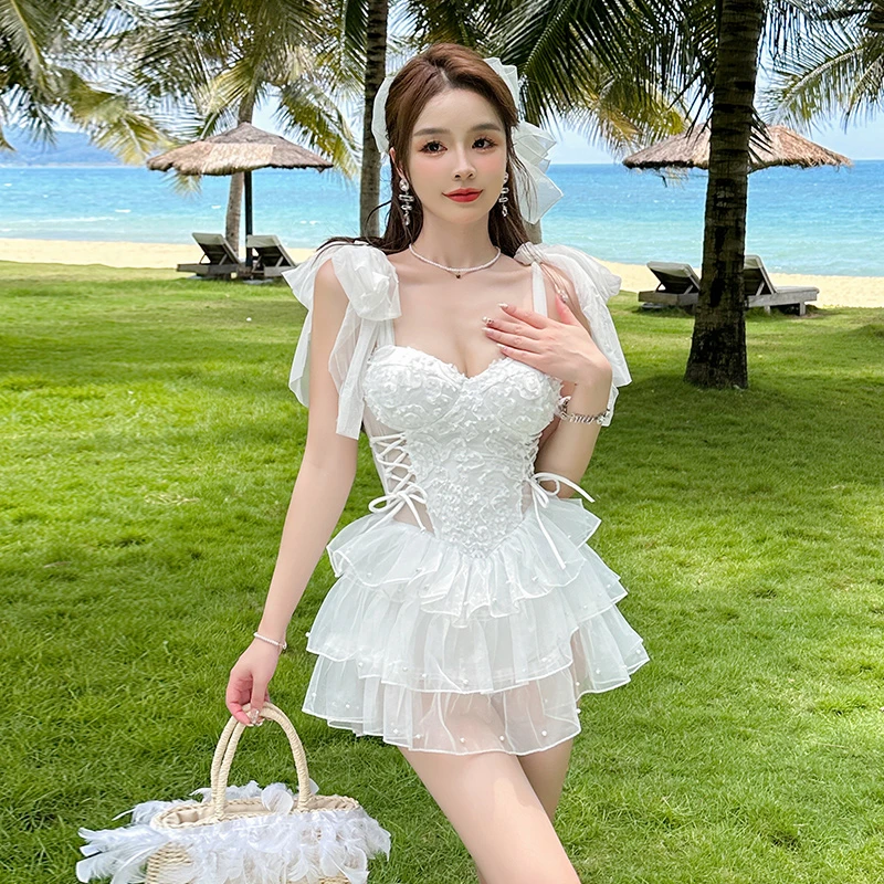 CYOGOK【芭蕾女孩】2023新款仙女范游泳衣连体甜美遮肚显瘦泡温泉